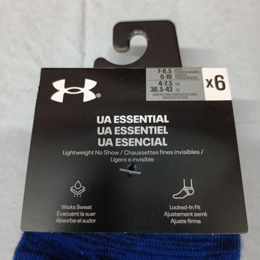 Under Armour Socks Men's Size M‎ 7-8.5 Essential No Show 6 Pairs Blue White Gray